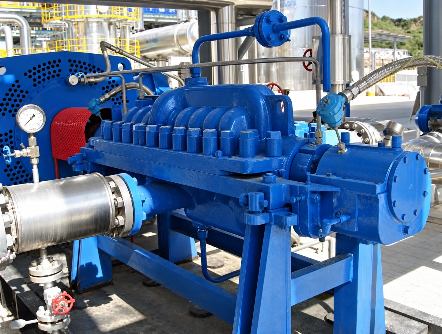 Pompa horizontal berumah terbelah berwarna biru yang terhubung ke perpipaan.