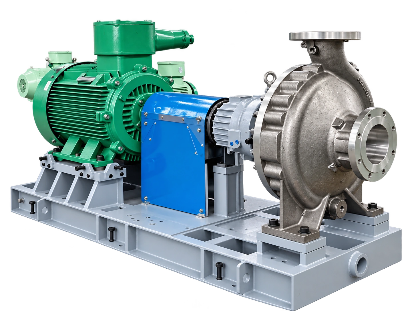 Rakitan pompa horizontal dengan impeler menggantung, motor, dan pelindung kopling.